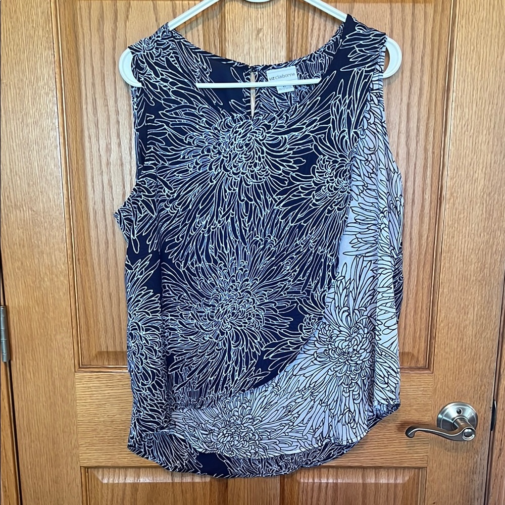 Liz Claiborne Graphic Navy blue and White Asymmetrical Blouse